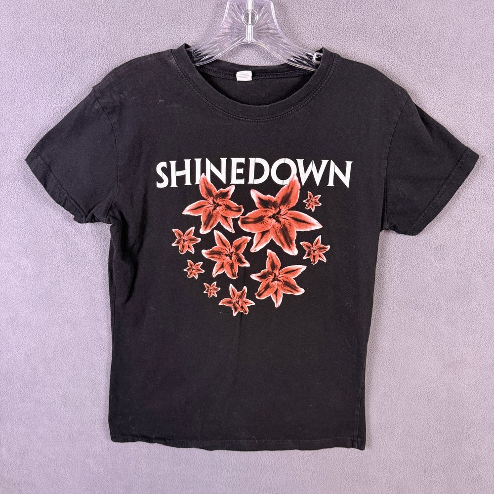 Y2K Tultex Shinedown T-Shirt Women Large Black Band Tee Floral Graphic Music